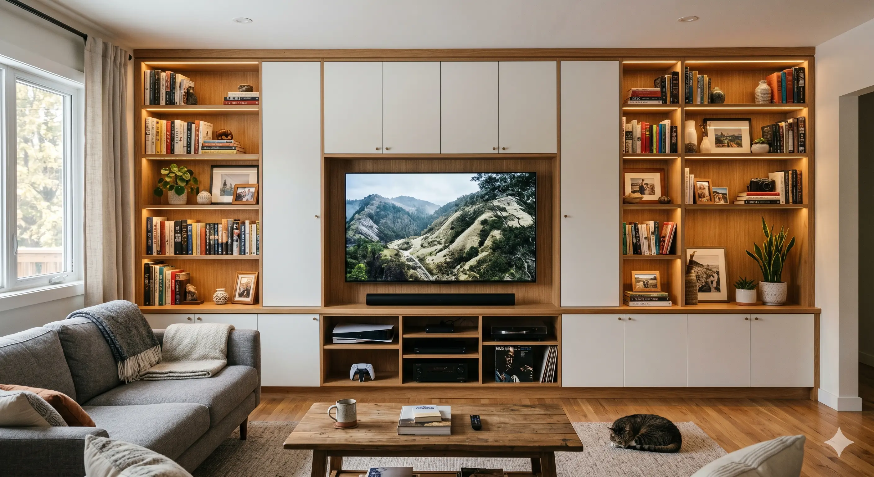 Custom built-in shelving and entertainment center cabinets in Dallas home